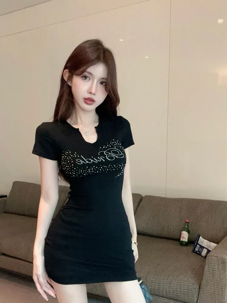 

Sexy Cross Back Short Sleeve Dress Women's Letter Embellished V-Neck Korean Style Summer Pure Desire Spicy Girl Skirt