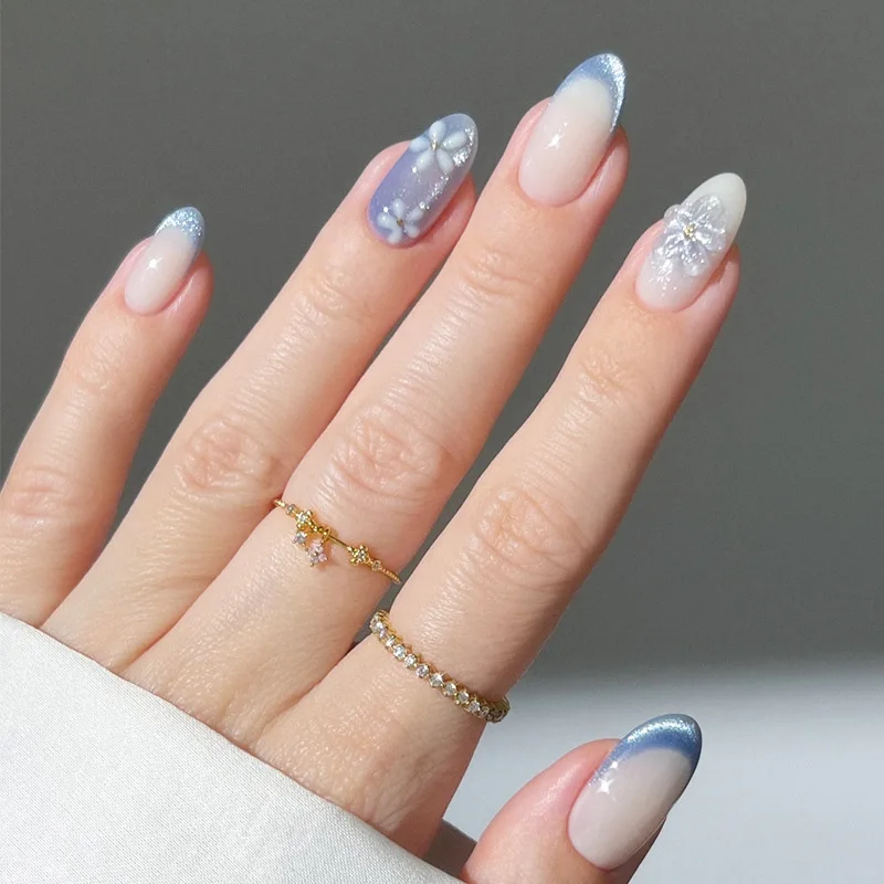 24Pcs Blue French Full Cover Flower Design Nails Finished Simple Round Head Press on Nails Short Almond Cat's Eye Tips Fake Nail