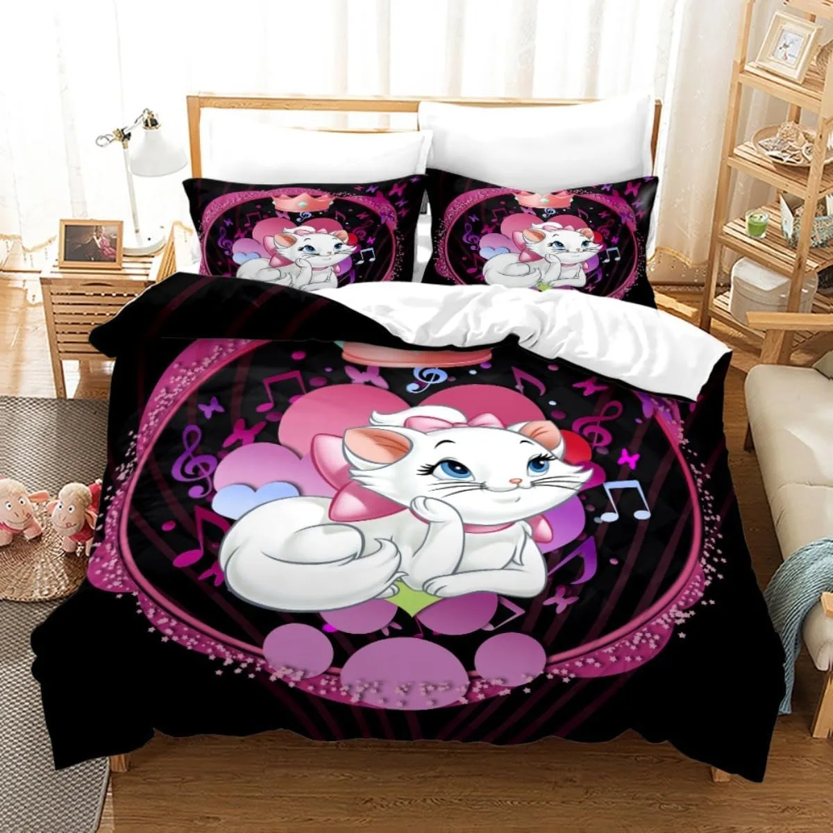 Aristocats Bedding Set Anime Marie Cat Cute Pink Duvet Cover for Children Girls Adults Holiday Gifts