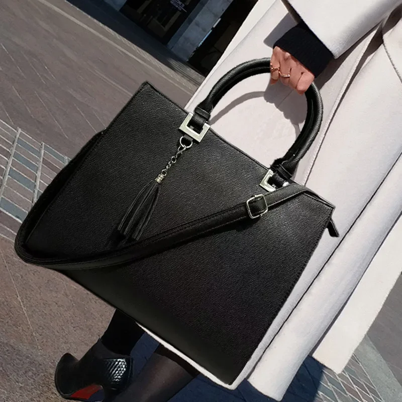 

Ladies' fashionable retro vegan leather tote bag, large capacity solid color soft leather handbag