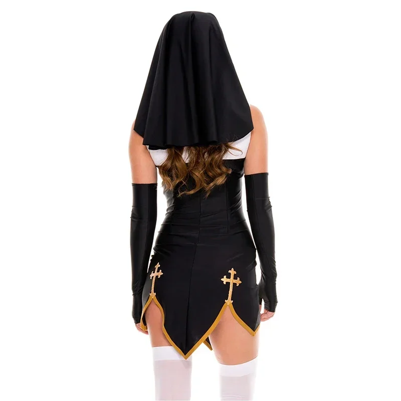 Disfraz de monja sexy de la Virgen María, vestido de cosplay para mujeres adultas con capucha negra para disfraz de fiesta de hermana de Halloween, trajes de monja