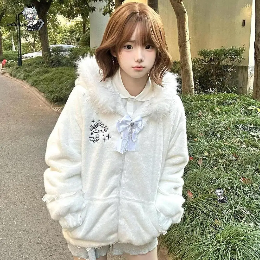 Japanese Sweet Cute Coats Thicken Hooded Fur Collar Ears Bow Lace Loose Jackets Y2K Aesthetics Tops Preppy Style Women Clothing