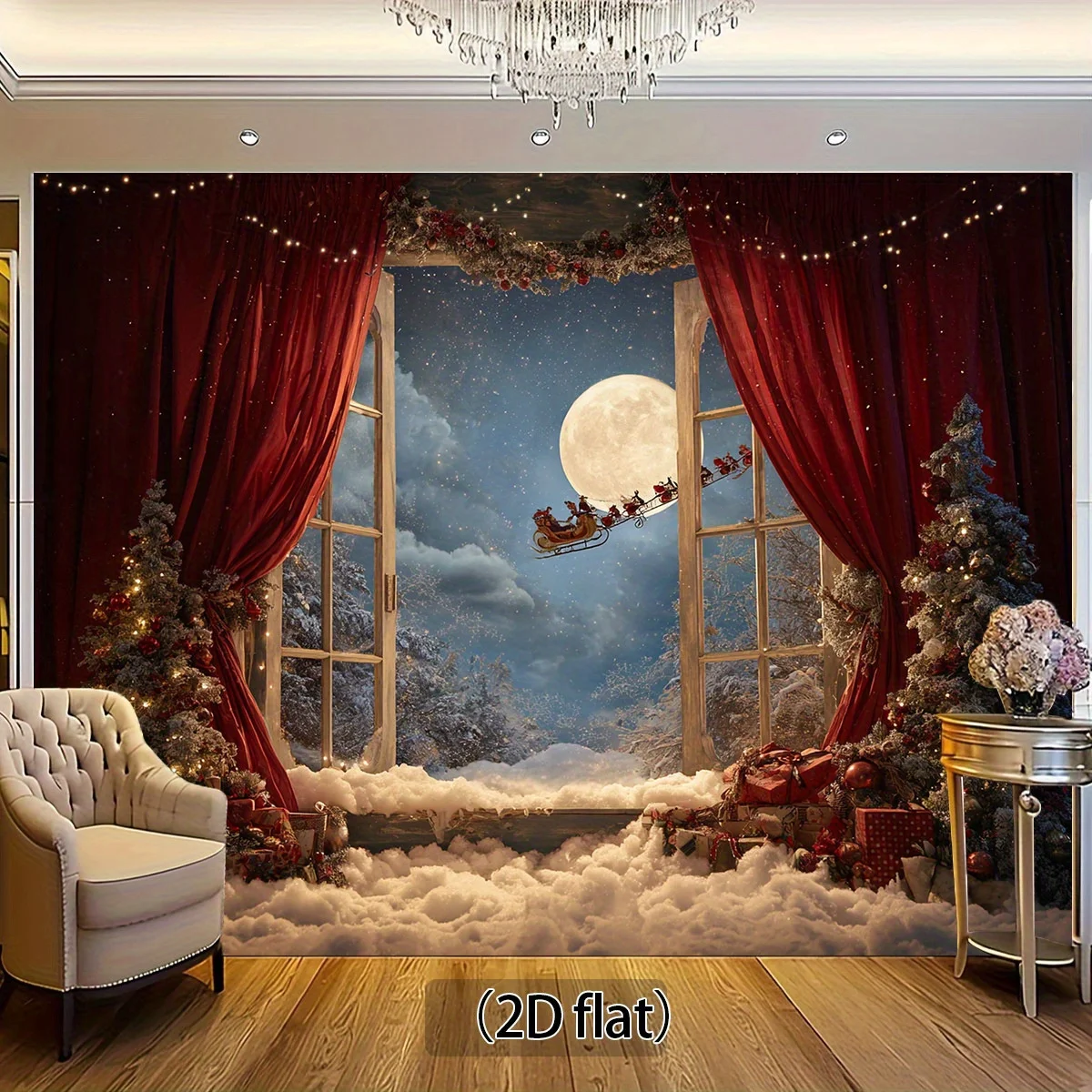 Płaszczyzna 2D, 1 duże okno, śnieżna zimowa scena świąteczna z saniami Świętego Mikołaja, księżycem i migoczącymi światłami - drzwi