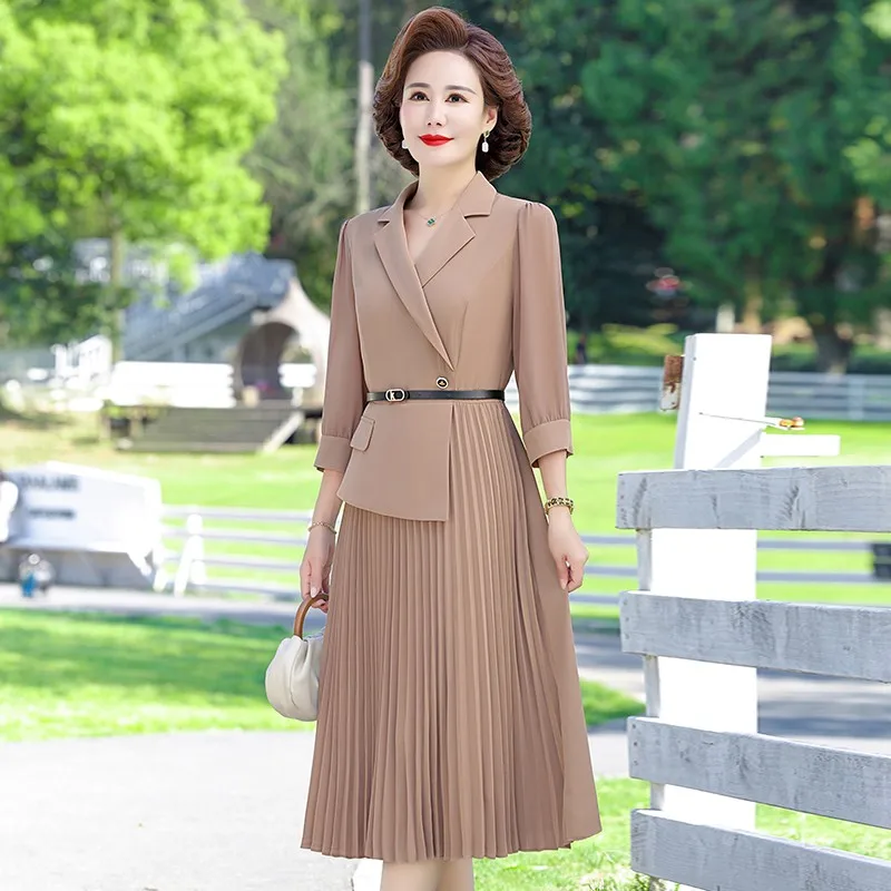 Chic Spring and summer ​Pleated Suit Dress Women Elegant Solid color 3/4 Sleeved A-Line Office Ladies Work Long Dresses