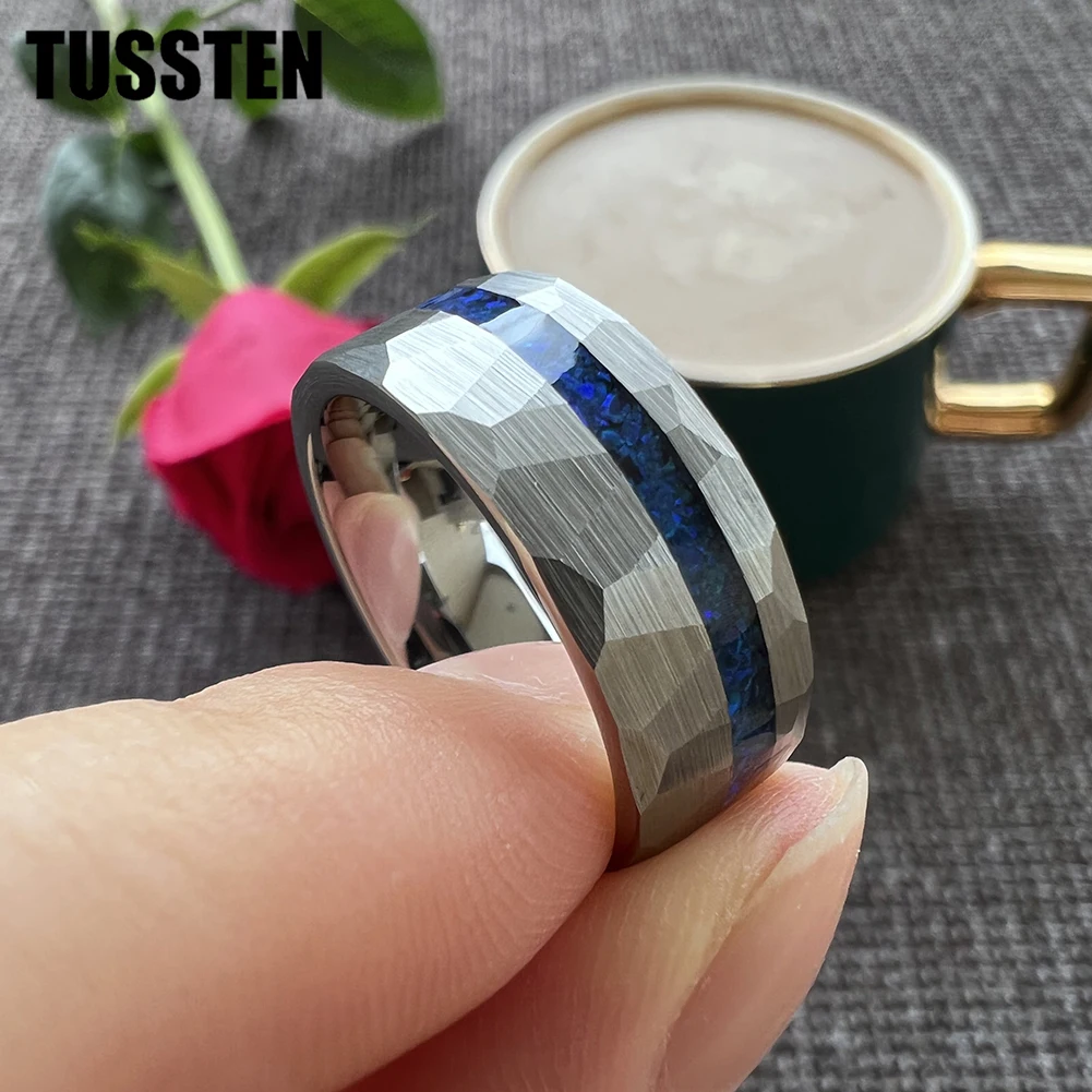 TUSSTEN 8MM Silver Hammered Tungsten Finger Ring for Men Women Fashion Engagement Wedding Band Genuine Blue Opal Inlay