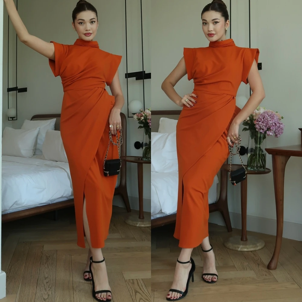 

Customized Simple Jersey Evening Dress Exquisite High Collar Prom Dresses Temperament Short Sleeves Special Occasion Gowns
