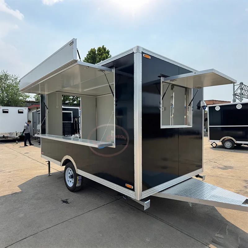 

Chinese made fast food street cart truck trailer fast food mobile trailer truck with upward folding windows