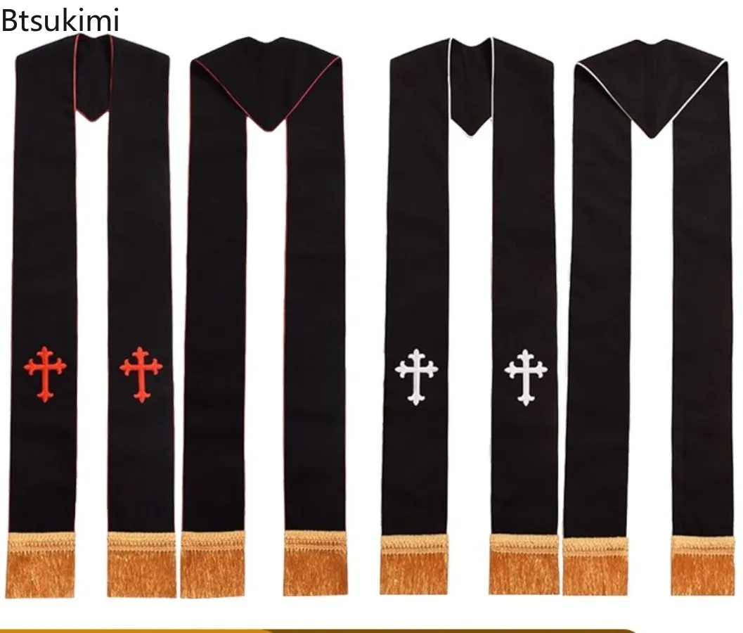 New Clergy Black Stole Priest Monk Embroidered Cross Shawl Adult Ribbon of Honor Costumes Accessories Classic Sacred Belt Unisex