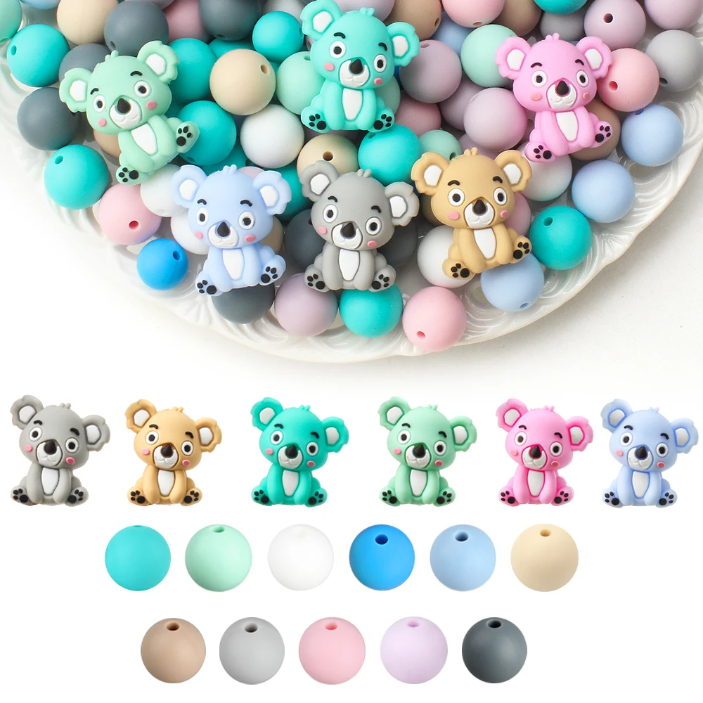 30pcs 3D Sitting Koala Silicone Focal Beads15mm Round Loose Beads For DIY Jewelry Making, Bracelet, Necklace, Lanyards Supplies