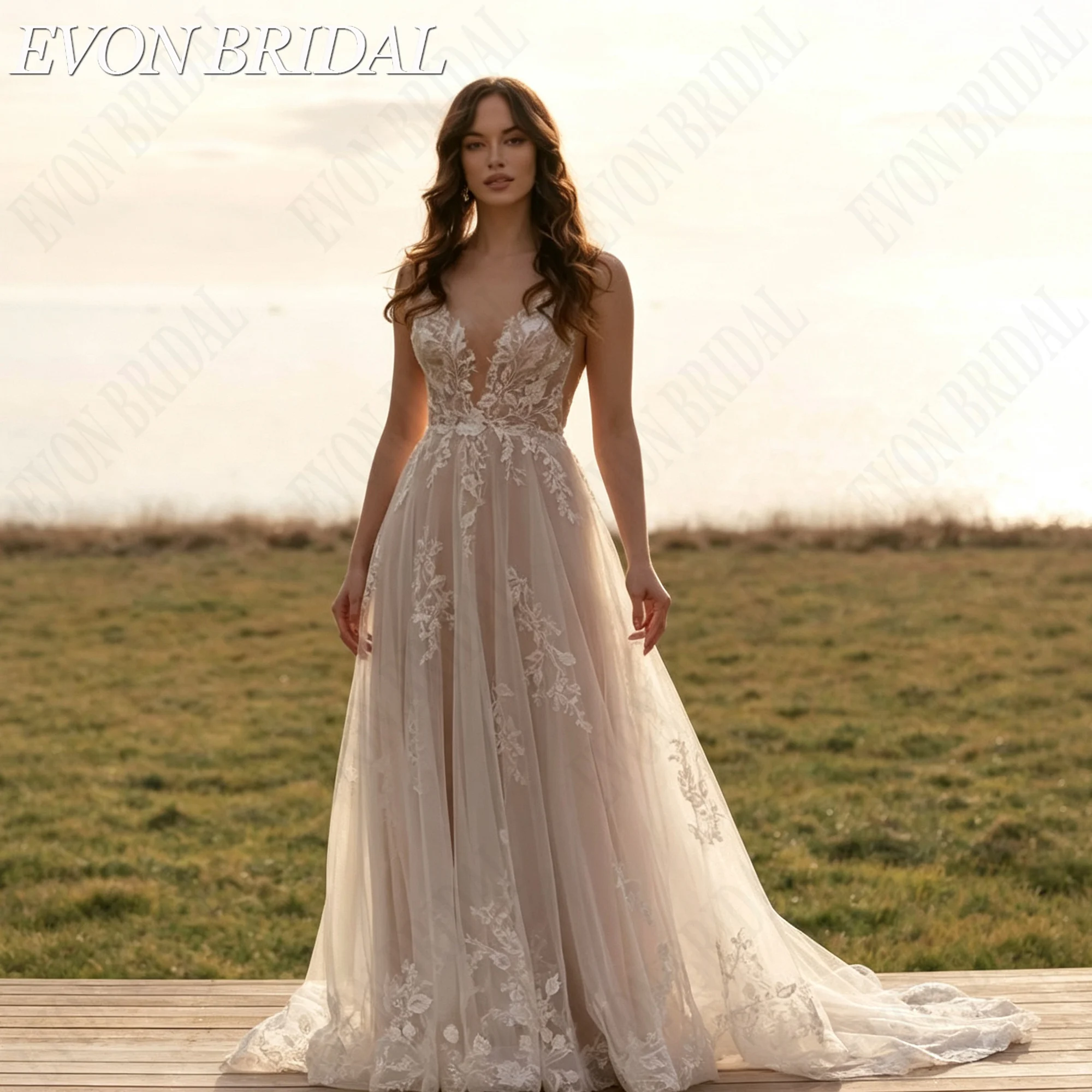 EVON BRIDAL Vestido de novia talla grande para boda al aire libre mujer cuello en V profundo corte A tul espalda descubierta vestido nupcial elegante personalizado ropa de ceremonia ligera adaptable a medida todos