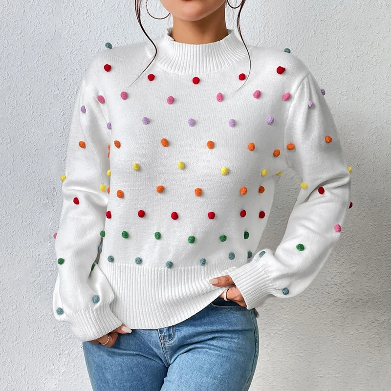 

Autumn and Winter Women's New Colorful Ball Knitwear Popular Fashion Long Sleeve Top Sweater for Women