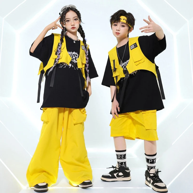 

New Kids Hip Hop Dance Costume Yellow Vest Pants Girls Boys Break Street Dance Performance Outfits Concer Stage Clothing BL14838