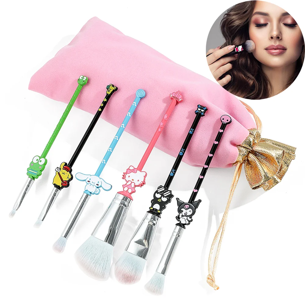 

6Pcs Hello Kitty Makeup Brushes Kits Kawaii Sanrios Kuromi Powder Blending Blush Concealer Eyebrow Brush With Velvet Bag