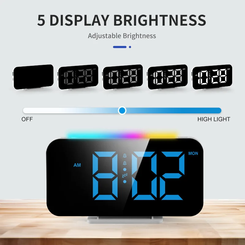 12H/24H Digital LED Clock RGB FM Radio 180° Projection Alarm Clock with RGB Night Light 6 Levels Brightness Dual USB Output Port