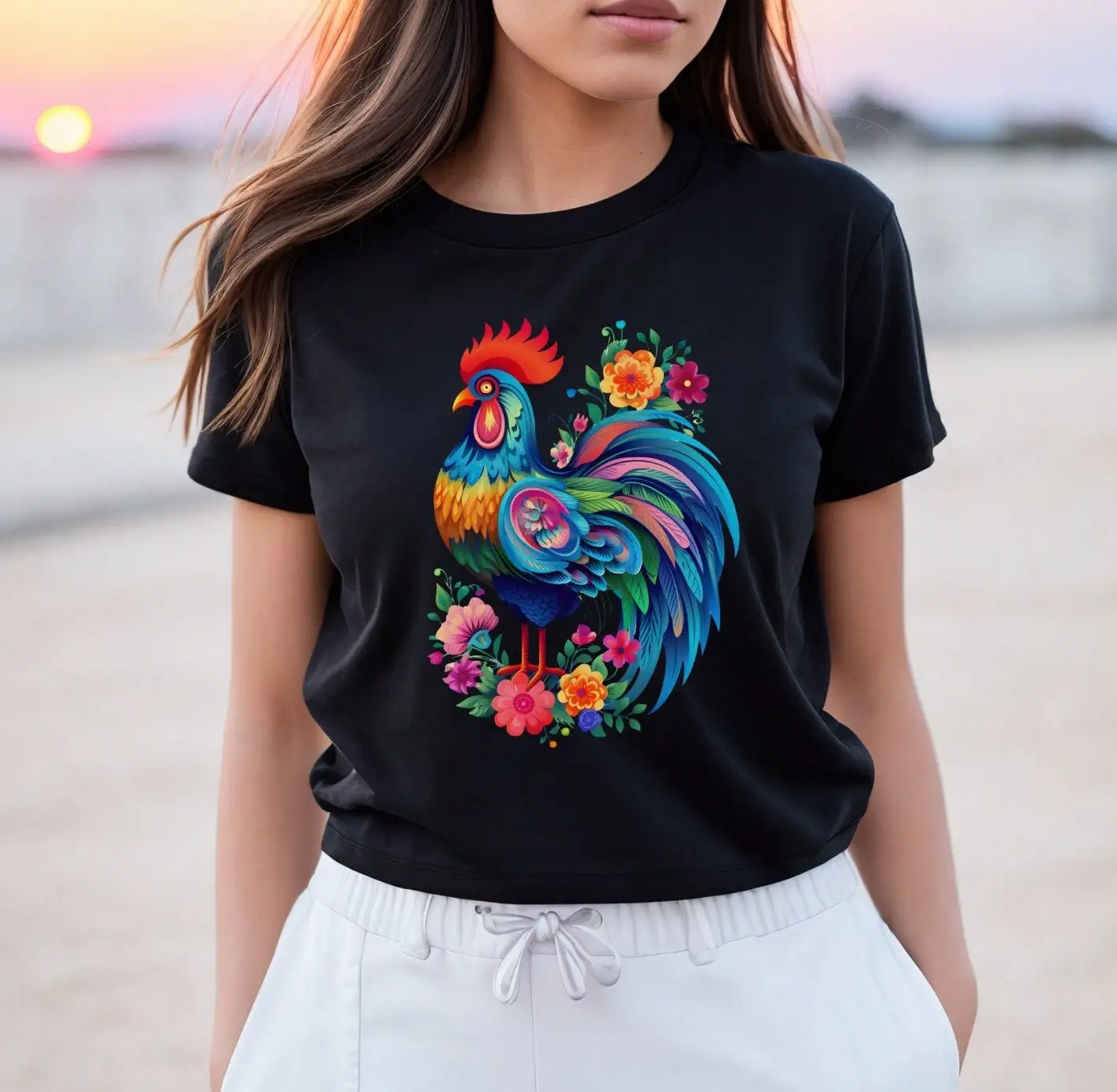 Rooster T Shirt Chicken Farm Animal Floral Hen Colorful Lover