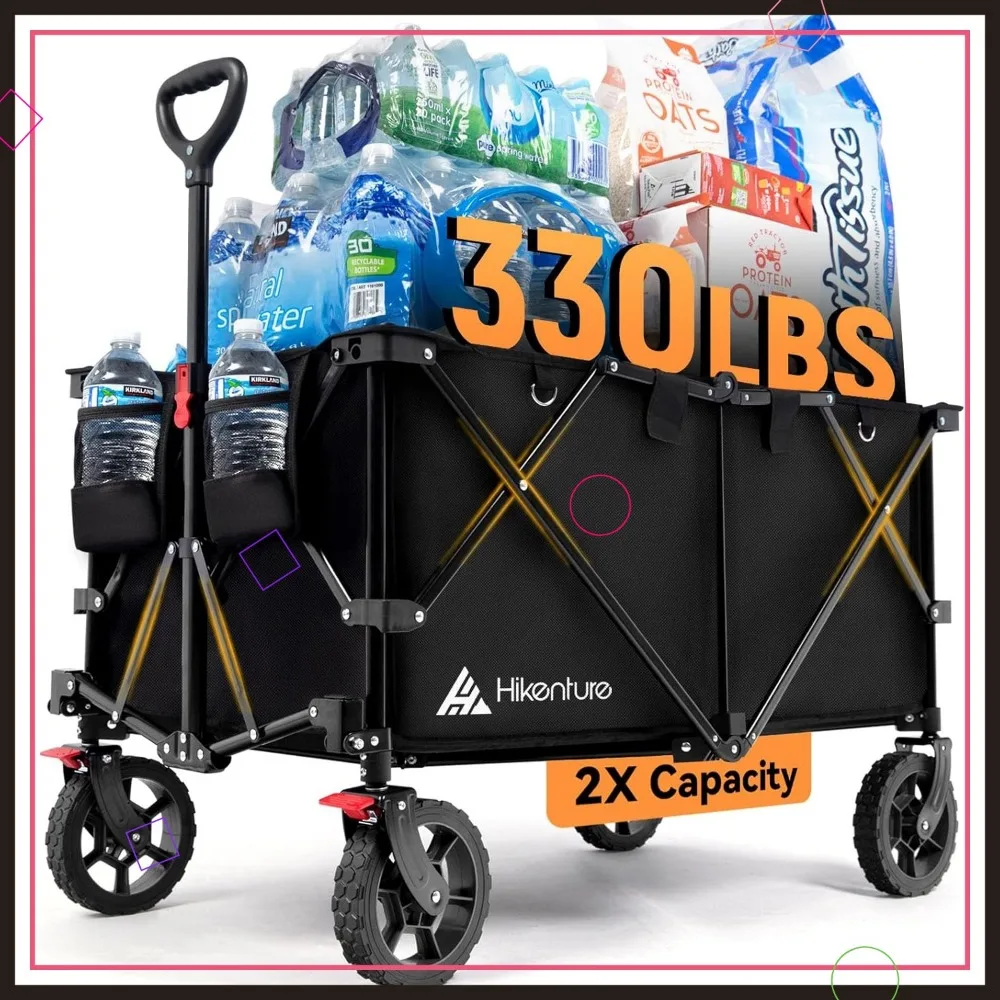 Carrinho de vagão dobrável extra grande - capacidade de 330LBS, rodas todo-o-terreno para transporte utilitário de praia de jardim ao ar livre
