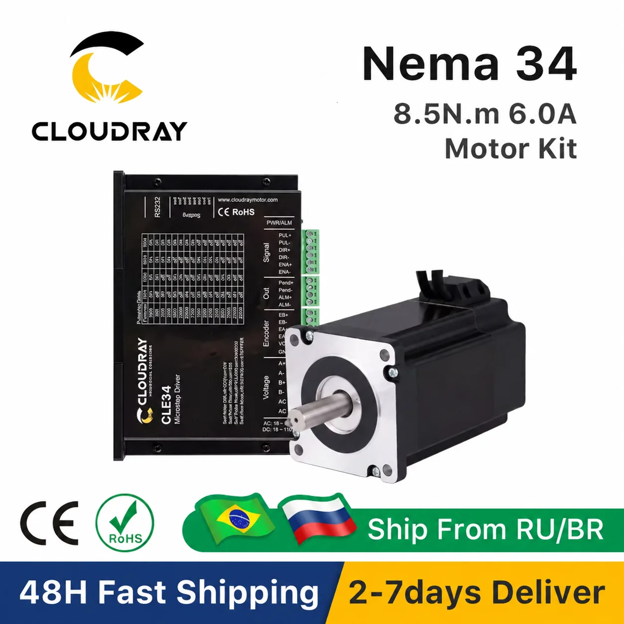 Cloudray Nema 34 Closed Stepper Motor Kit With Encoder 8.5N.m 6.0A and 20-80VAC/24-100 VDC Driver With 1.5M Free Cable