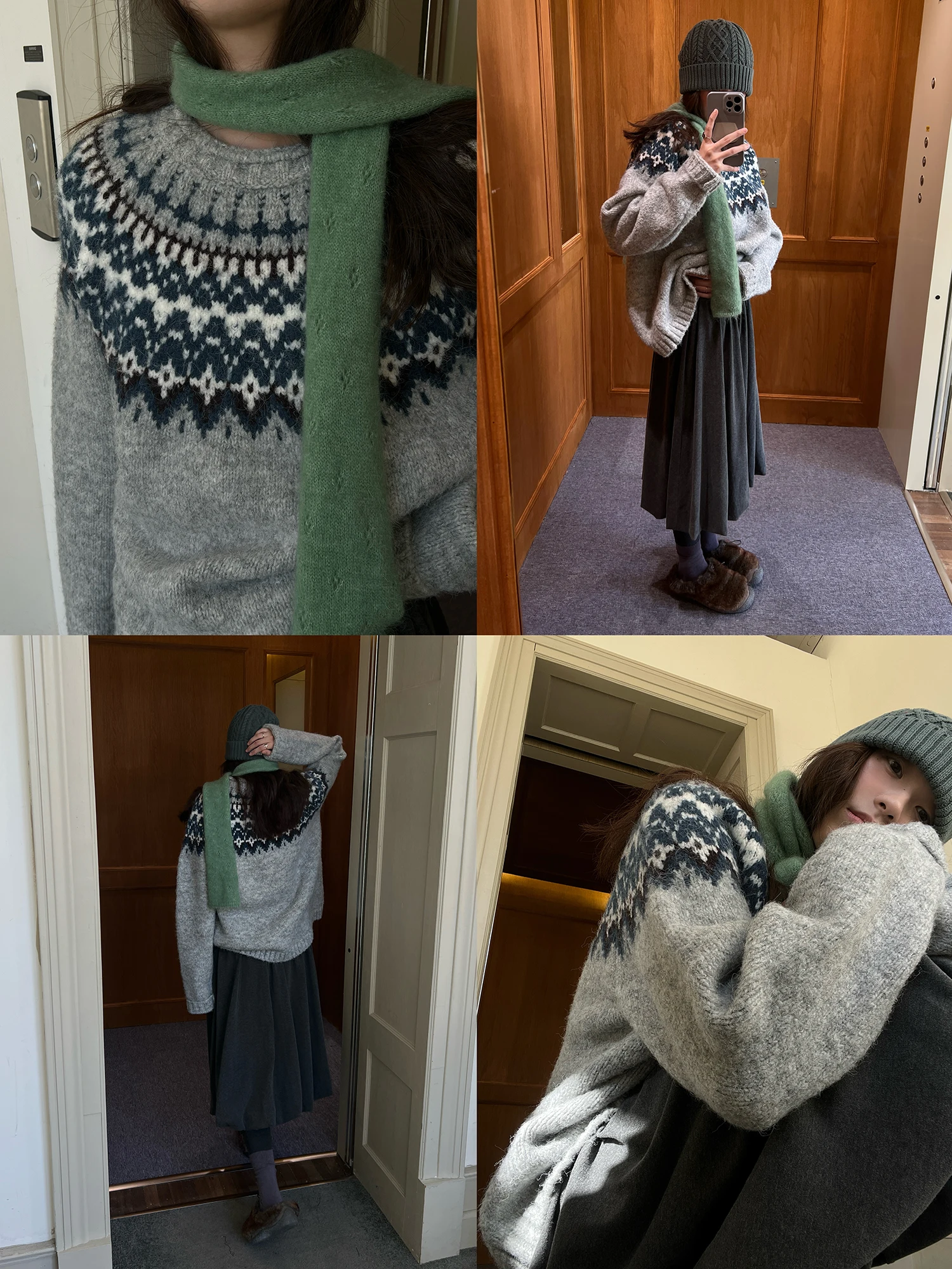 

Retro Fair Isle Knit Sweater Women's Autumn Winter New Lazy High-End Design Feeling Wool Blend Long Sve Crew Ne Sweater