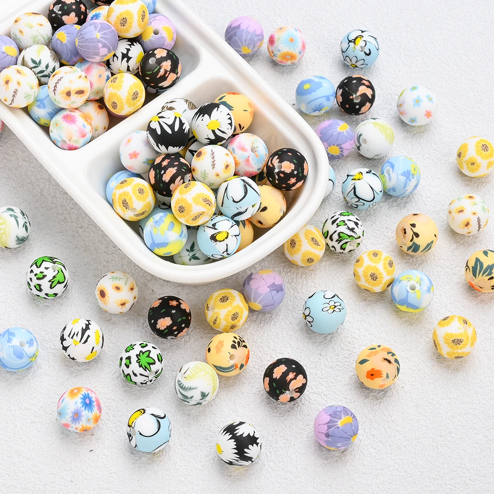 10Pcs Flower Printed Silicone Beads 15mm Floral Round Silicone Beads For Pacifier Chain Holder Clips Jewelry Making DIY