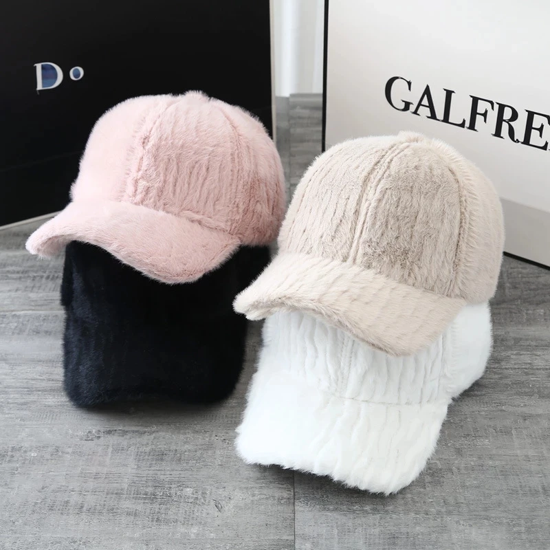 Women's Autumn Winter Rabbit Wool Solid Baseball Caps Female Cute Sweet Thicken Warm Plush Adjustable Fashion Couple Hats Gorras