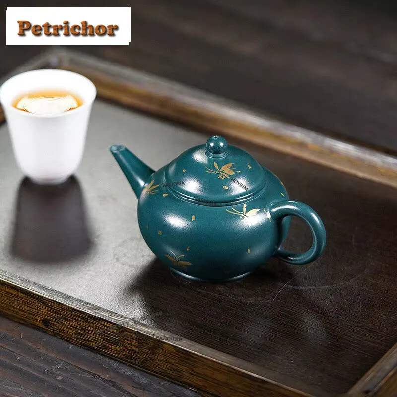 150Ml Yixing Purple Clay Teapots Handmade Level Gold Drawing Pot Raw Ore Green Mud Tea Maker Kettle With Strainer Zisha Set