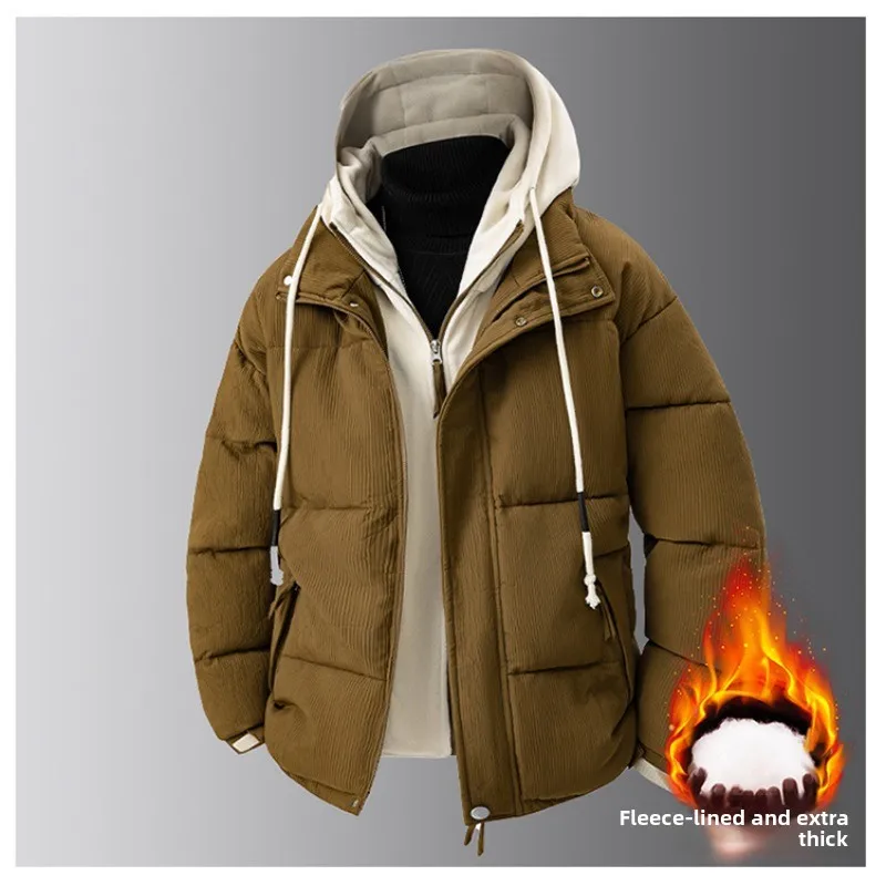 Новые мужские пальто на осень и зиму, теплые куртки с капюшоном на хлопковой подкладке, искусственные двухсекционные куртки на хлопковой подкладке, пара одежды для мужчин