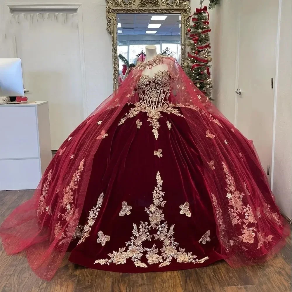 

Burgundy Off-Shoulder Ball Gown Quinceanera Dresses With Cape Vestidos De 15 Anos 3D Lace Masquerade Birthday Party Gowns