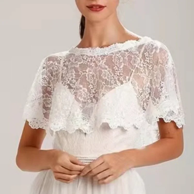 

Elegant Bridal Floral Lace Shrug Shawl Short Pullover Wedding Evening Dress Wrap Sheer Shoulde Yarn Cape Capelet Cover Up