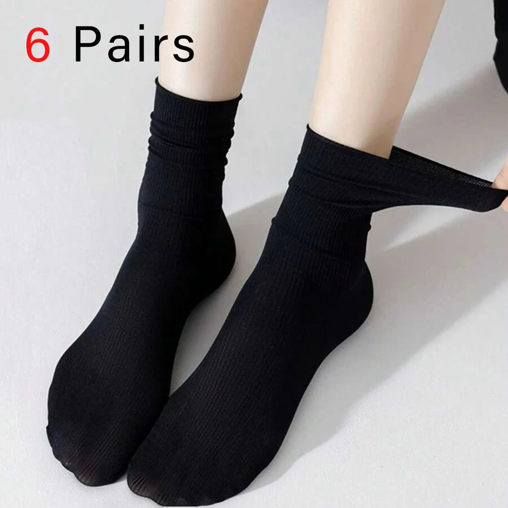 6 Pairs Women Long Socks Versatile Summer Small Medium Sized Leg Black White Solid Color Light Thin Breathable Casual Socks