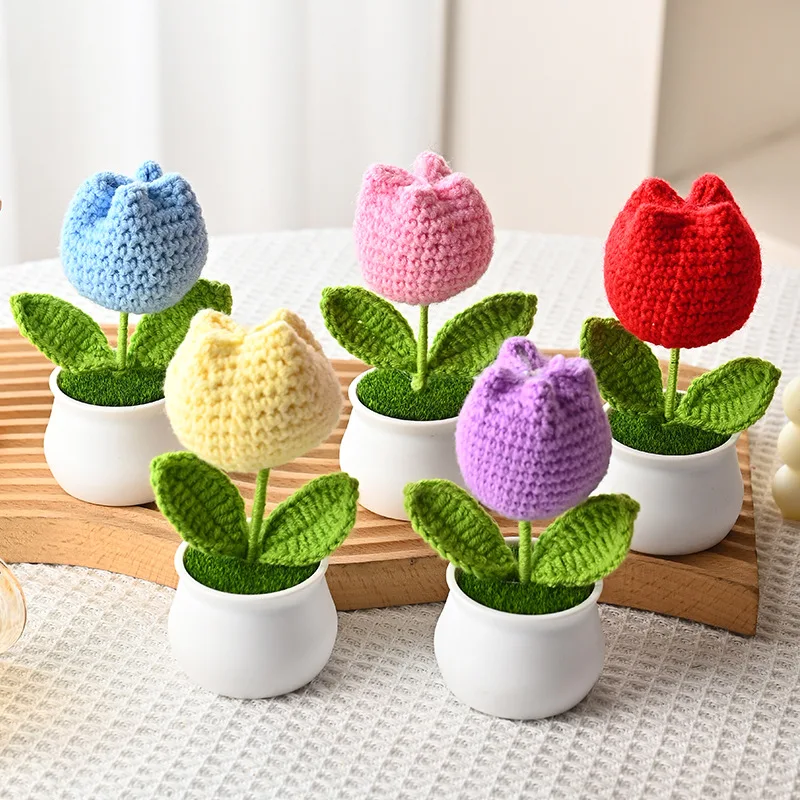 Mini Tulipanes de Ganchillo en Maceta, Lindas Flores Tejidas, Decoración para Mesa o Auto, Tulipanes Artificiales Hechos a Mano