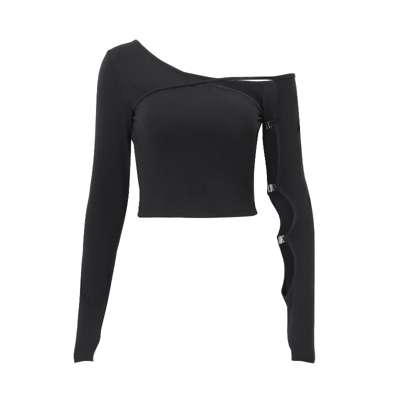 Y2K Oblique-neck Hollow Out Long Sleeve T Shirt Punk Fashion Off Shoulder Skinny Bodycon Crop Tops Streetwear Black Tees