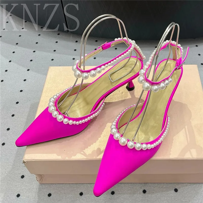 

Summer New Pointed Toe Fashion Silk Slingbacks Sandals Woman Leather Pearls Pumps Sexy Stiletto Party Dress Shoes For Women 2024