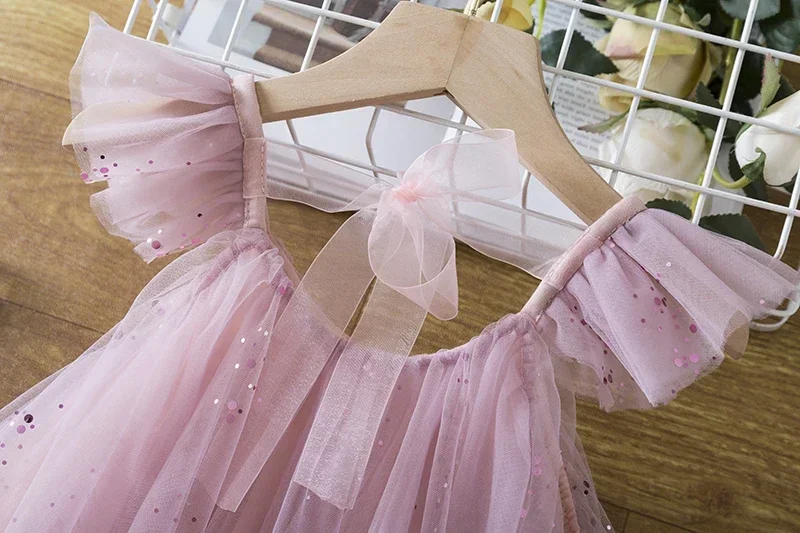 Summer New Girl Dress Cute Girl Sequin Fairy Tulle Clothes Baby Ruffle Sleeve Birthday Princess Costume Kids Casual Wear 3 8 Yrs