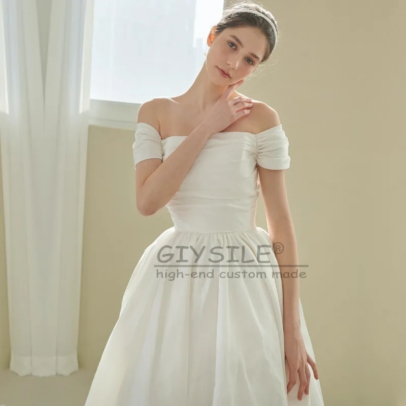 GIYSILE مخصص العاج الأبيض الساتان مزاجه فستان الزفاف الخفيف الرجعية واحدة الكتف حزام بسيط الظهر المرأة الرسمية أنيقة