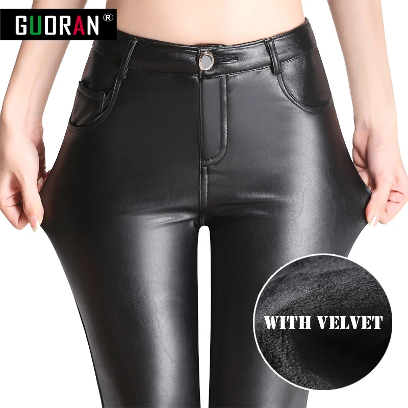 Causal women leather pants high waist skinny warm thicken patchwork office pencil pants female trousers leggings clothe 4XL