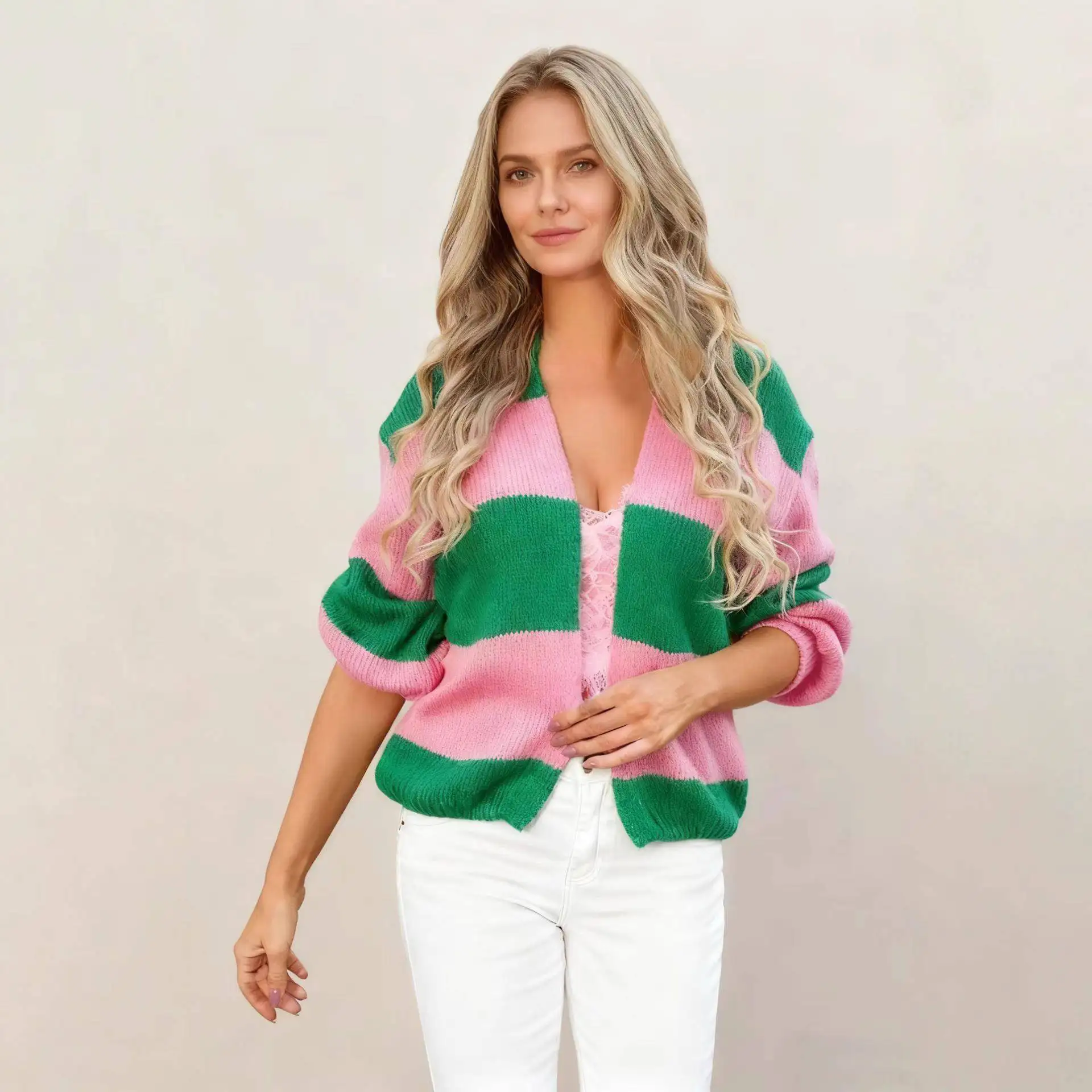 

Faionable Spliced Color Blo Knitted Sweater Coat Women's Long Sve Cardigan Polyester Fiber Autumn Seasonal Apparel