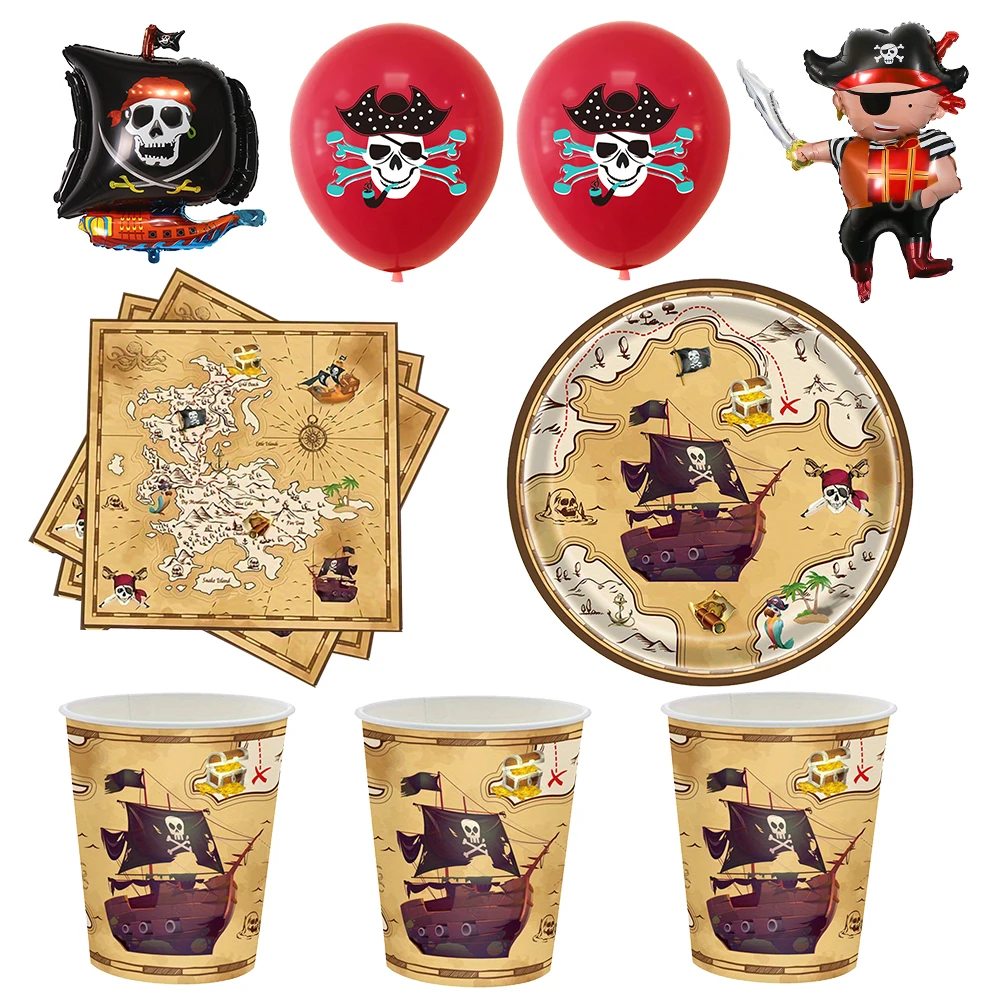 Pirate party Plates Cups napkin tablecloth Pirate Treasure Hunting map plates cups Kids Pirate Birthday Party Decoration balloon