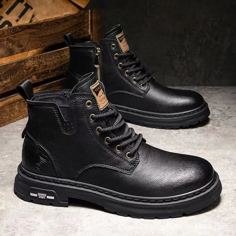 Jesienne i zimowe buty męskie plus polar nowa, do pracy buty Retro brytyjscy mężczyźni high top trend prawdziwe skórzane bawełniane buty M1164