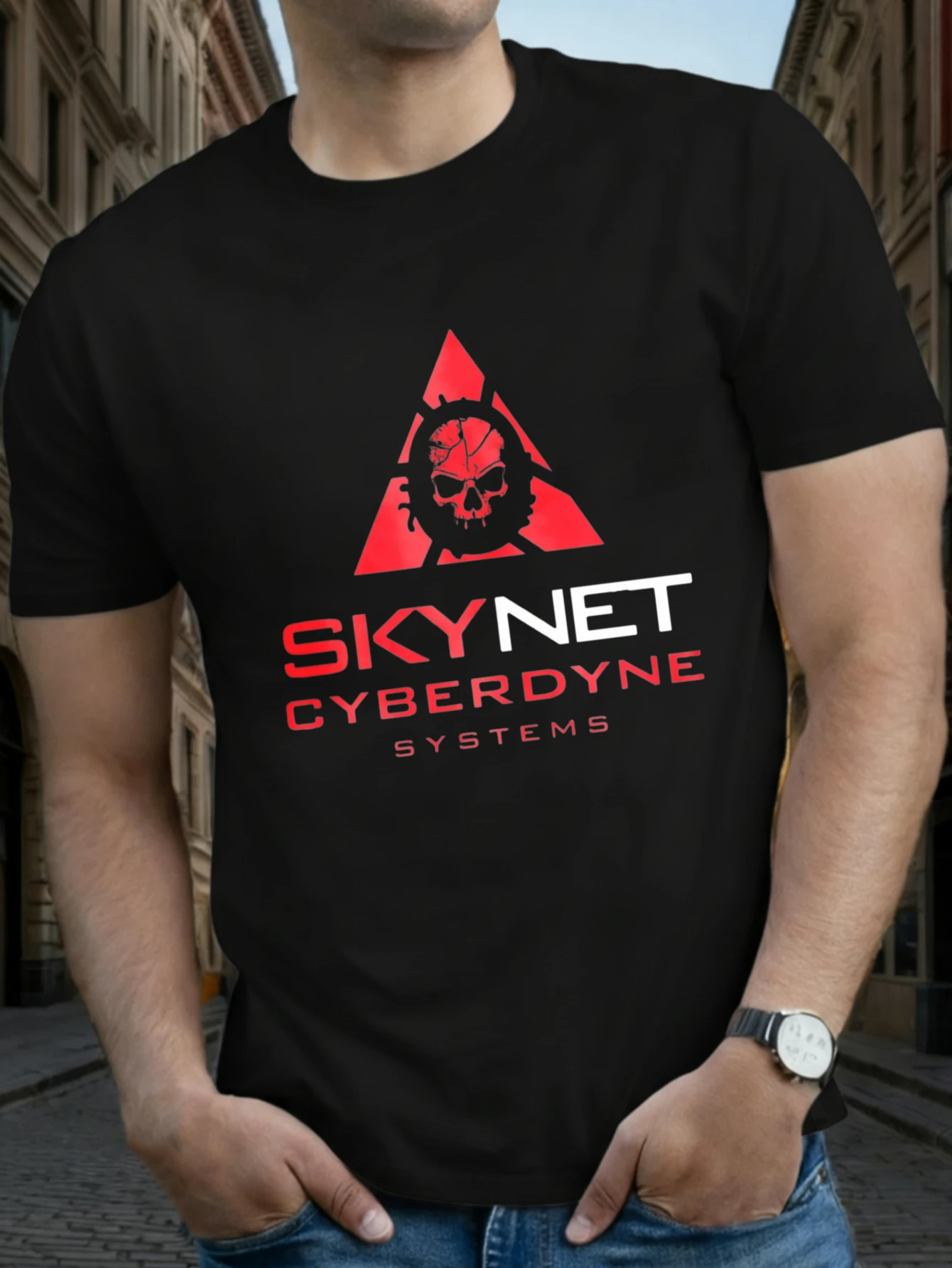 JOOCAR Skynet Cyberdyne Systems Red Triangle Skull Logo Print Lässiges Baumwoll-T-Shirt für alle Jahreszeiten, Rundhalsausschnitt, weicher, dehnbarer, atmungsaktiver Kurzarm, modisches