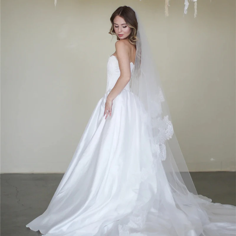 2T Two Layers Bridal Wedding Veils Cathedral For Brides With Blusher Customized Soft Eyelash Lace Trim Church Ivory Tulle Long