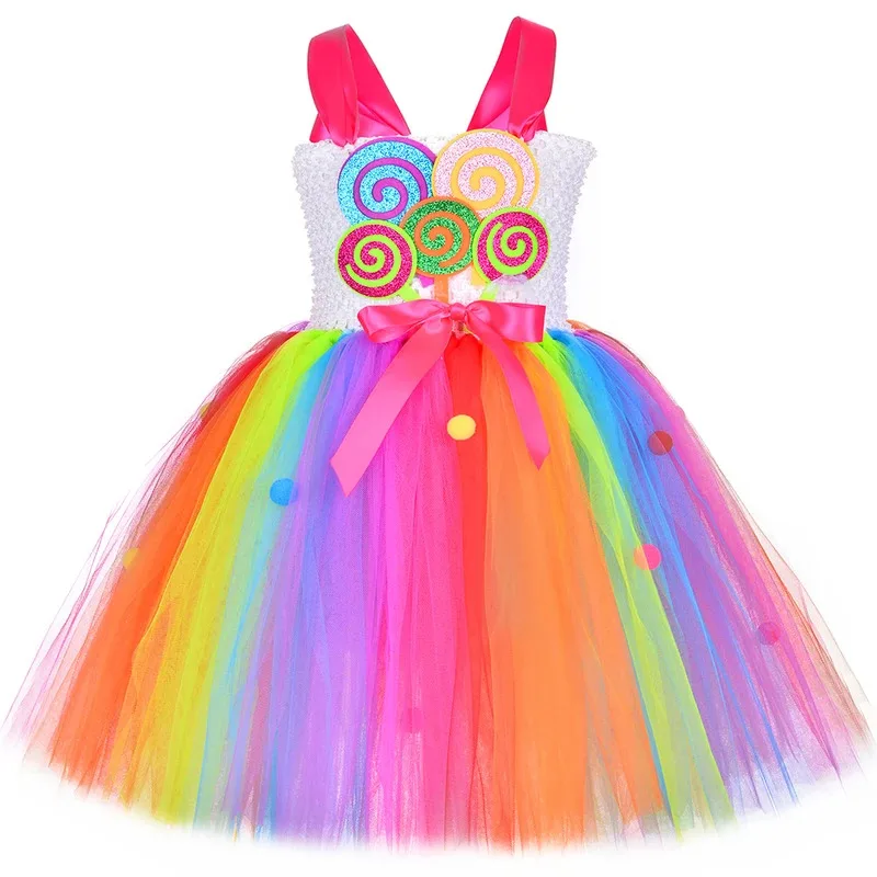Meninas pirulito doce tutu vestido arco-íris menina festa de aniversário tule vestido carnaval traje de halloween para crianças vestido de princesa