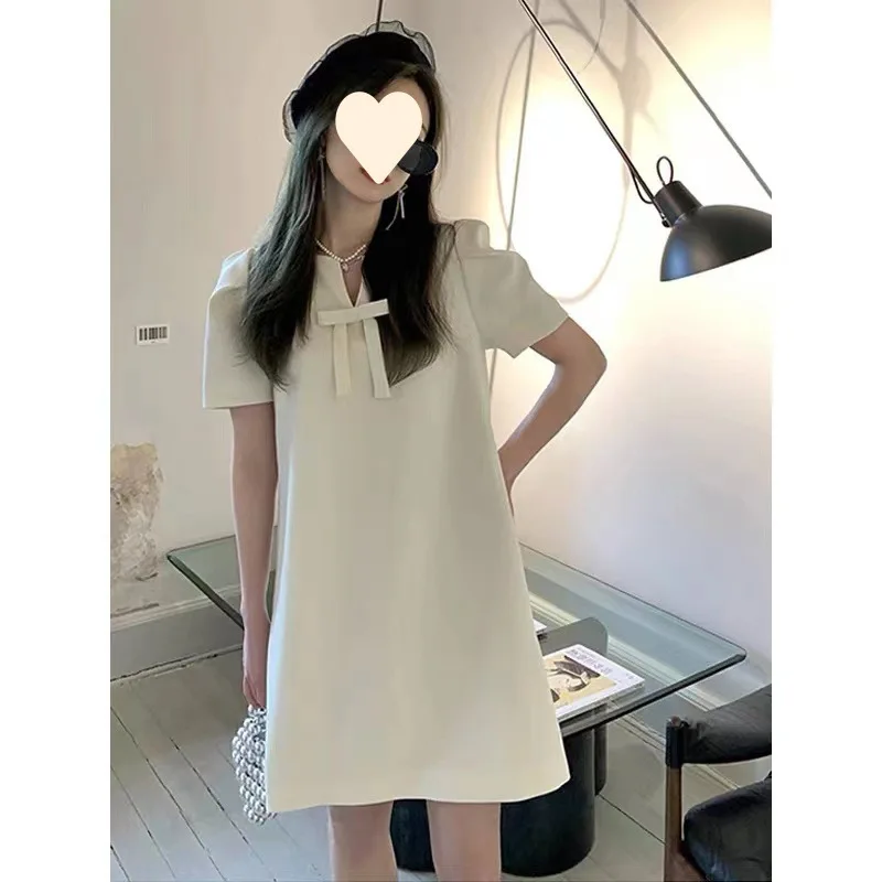 

Fashion Small V-Neck Short Sleeved Dress Women's Summer 2024 French Style Sleeveless Top Dress Female Bow Decor Solid Sundress