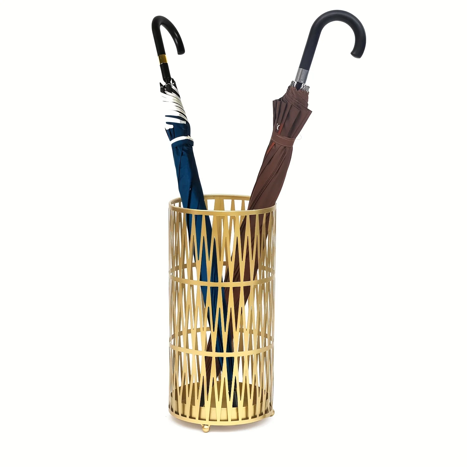 

Umbrella Racks- Golden Metal Round Umbrella Stand Holder with Drip Tray for Home Entryway- Free Standing Holders for Canes Walking Sticks And Hiking Poles (Golden Chevron)