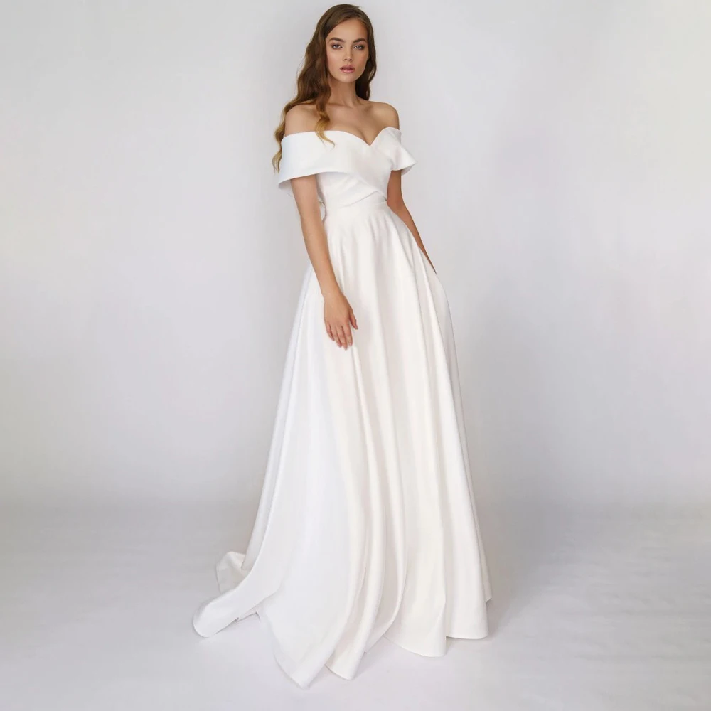 Prinzessin Satin Weg Von der Schulter Einfache Brautkleider EINE Linie Criss Minimalistischen Kreuz Hochzeit Kleid Land C Robe De Mariee sommer