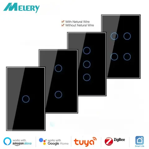 Melery Smart Zigbee Wall Light Switch Lamps Interruptor Glass Touch Panel 2/3 Way Wireless Remote Control Tuya Alexa Google Home
