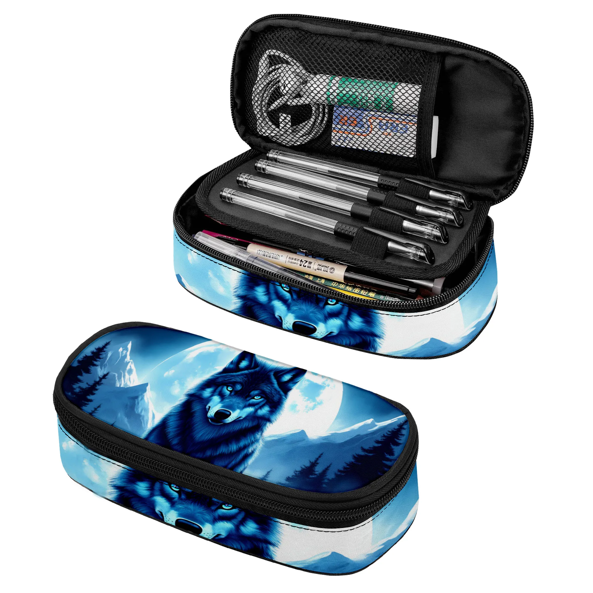 

Wolf Moon Pencil Case Night Forest Pencil Pouch with Zipper Compartment Mystic Canine Makeup Bag for Back to School Supplies