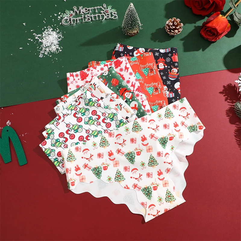 3Pcs/Set Christmas Snowflake Santa Claus Panties Sexy Breathable Lady Underwear Low Waist Wavy Pattern Panty Merry Christmas