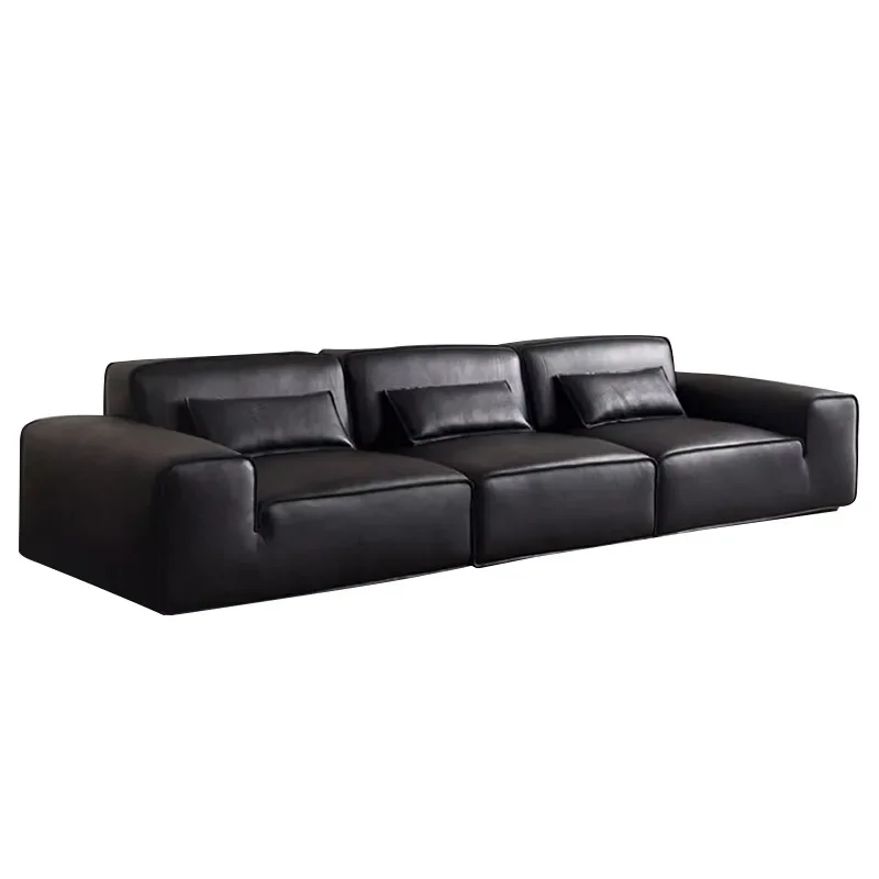 Leather Sofa Big Black Cow Straight Row Villa Tofu Block Large Flat Living Room Sofa