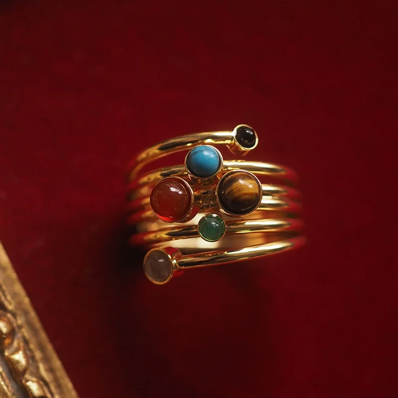 

Personality Multi-layers Natural Tiger's Eye & Turquoise &Onyx Ring Real Stone Chunky Finger Band Bespoke Statement Fine Jewelry