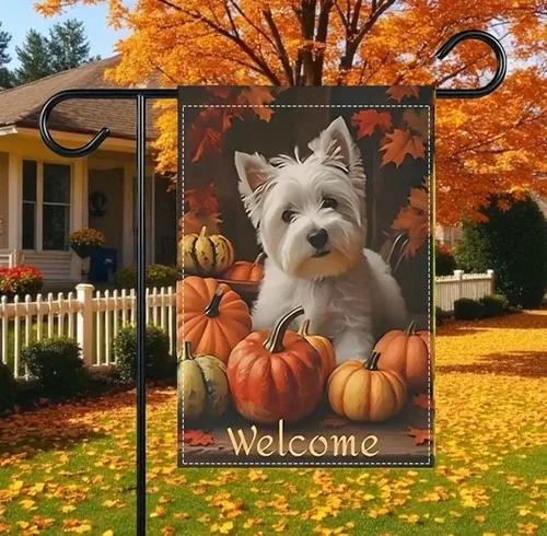 Garden flag, autumn dog w/ pumpkins, 12” x 18”, burlap polyester double-sided HHP AAL HHM WZZ yyi